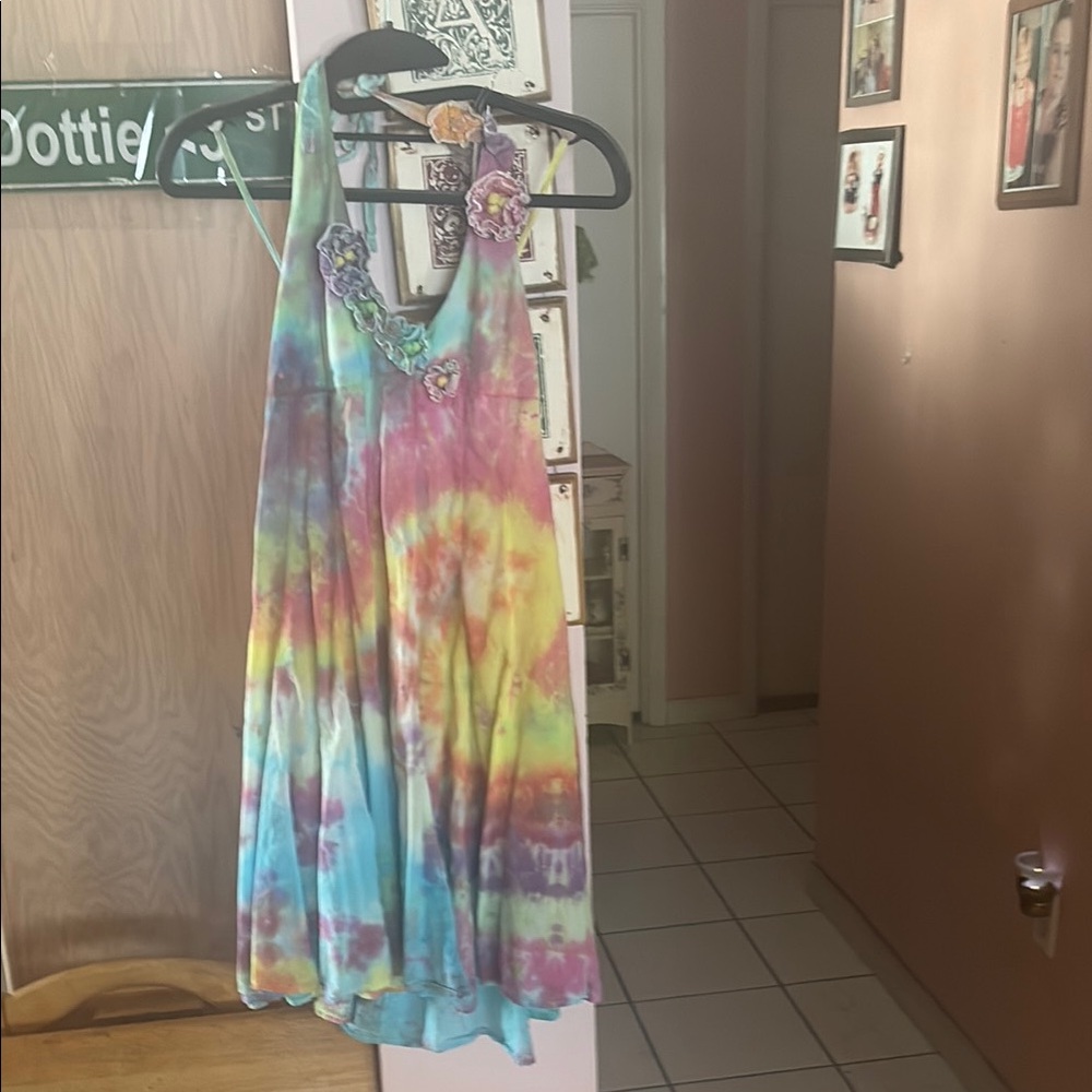 Vibrant Tie-Dye Dress with Floral Details